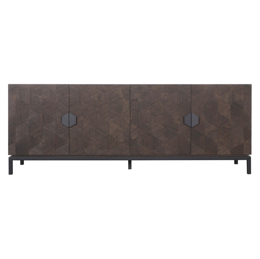 Houten dressoir op korte poten met vier deuren en 3d reliëf en onderstel van zwart metaal