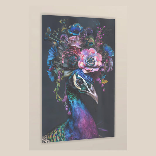 Pauw met bloemen op plexiglas
