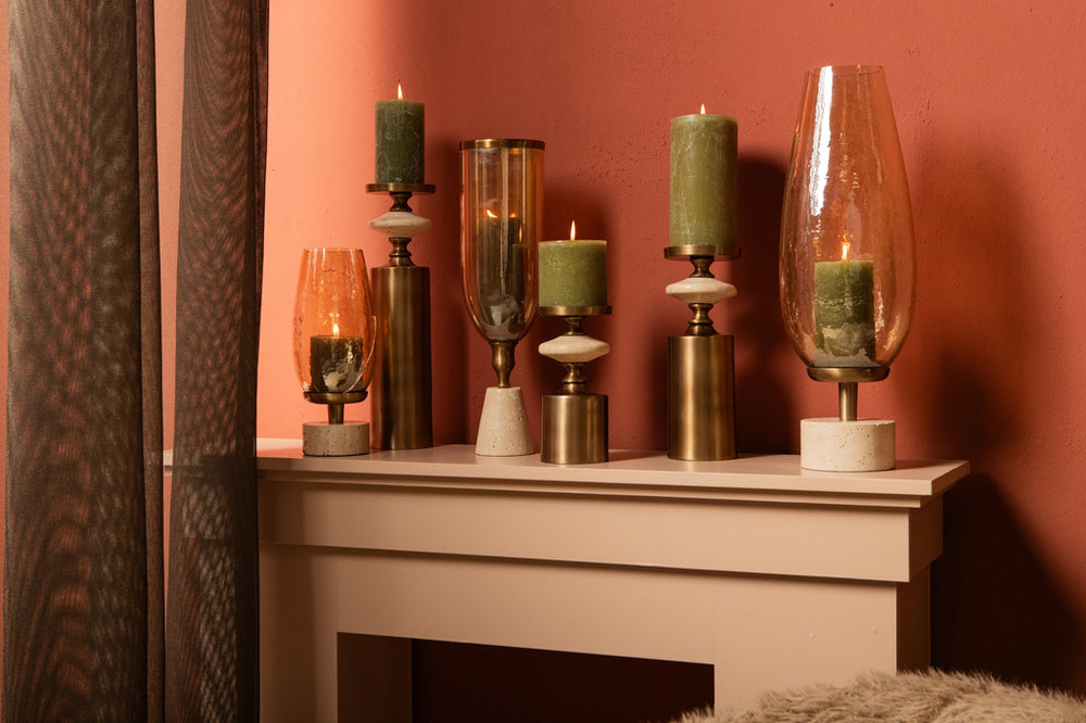 Windlicht Tadh met travertin voet 40 cm