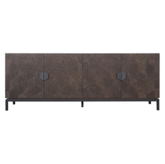 Houten dressoir op korte poten met vier deuren en 3d reliëf en onderstel van zwart metaal