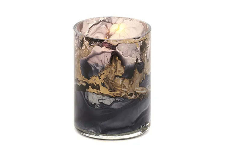 Glass marble theelichthouder zwart/goud