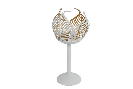 Metalen theelichthouder op voet Leaf Lina crème/goud
