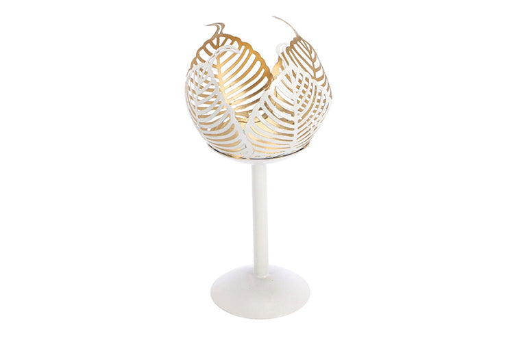 Metalen theelichthouder op voet Leaf Lina crème/goud