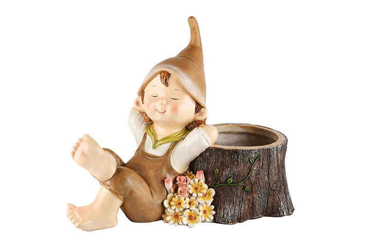 Tuinjongen liggend met bloempot