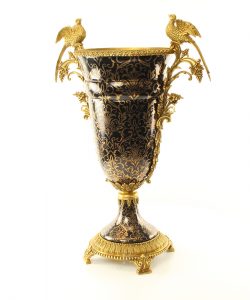 Porseleinen vaas zwart/goud met bronzen vogels