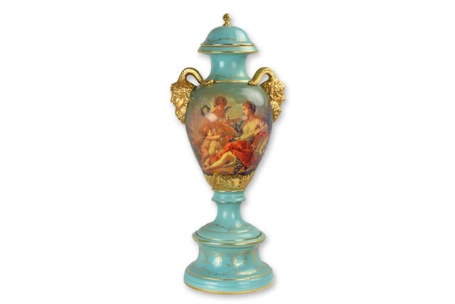 Turquoise porseleinen pot/urn met deksel 57,7 cm