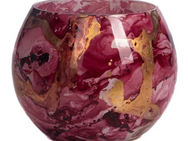 Glass marble ball/theelichthouder roze/goud
